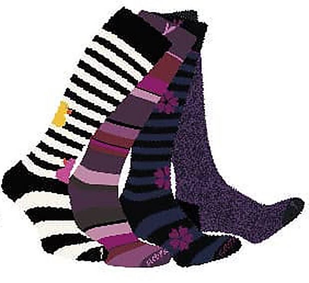Gambaletti Flebysan da donna: righe bianche e nere, fantasia viola e fucsia, pois e melange lilla della linea Joy Fashion