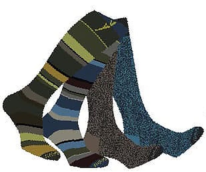 Quattro gambaletti Flebysan da uomo: righe verdi e blu, melange marrone e blu petrolio, colori della linea preventiva 18 mmHg
