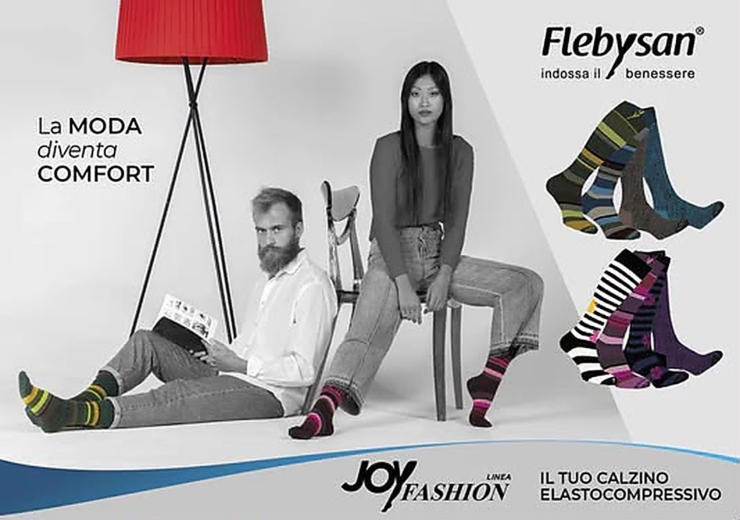 Campagna Flebysan Joy Fashion: un uomo e una donna indossano calzini elastocompressivi a righe colorate, accanto ai gambaletti della linea preventiva 18 mmHg